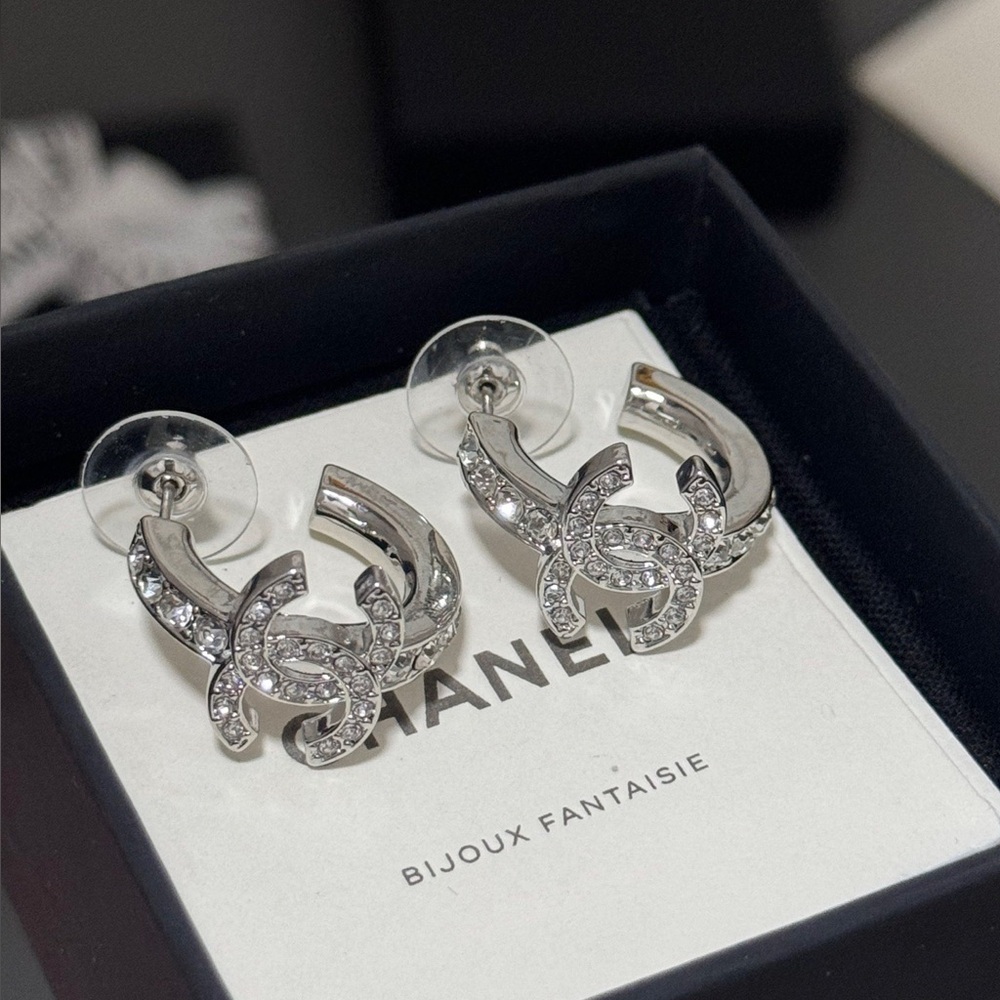 Chanel Silver CC Logo Crystal Hoop Stud Earrings